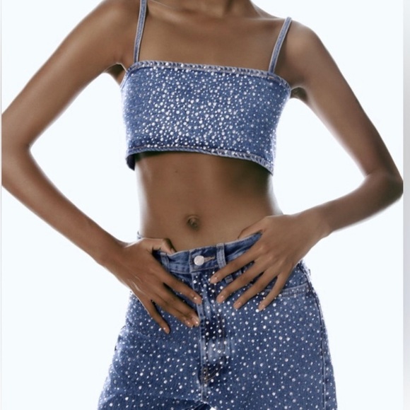 ZARA JEWEL DENIM TRE TOP Sz M-L 6045/217/400 - Picture 3 of 9